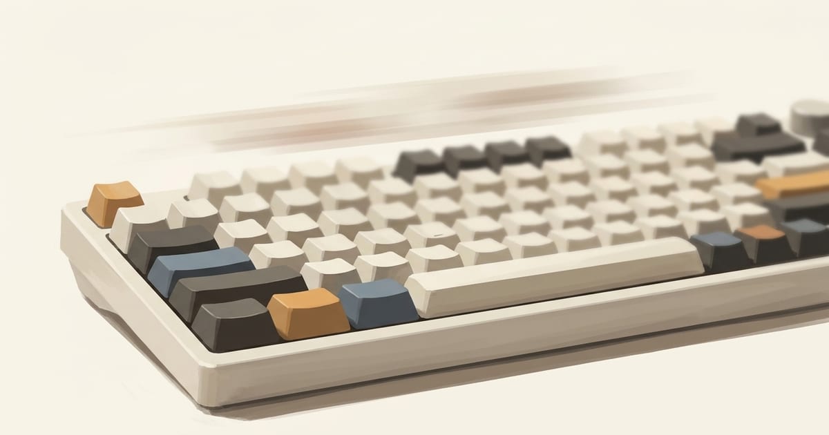 A low-angle close-up of a mechanical keyboard with faint motion-blur streaks above it suggesting rapid typing.