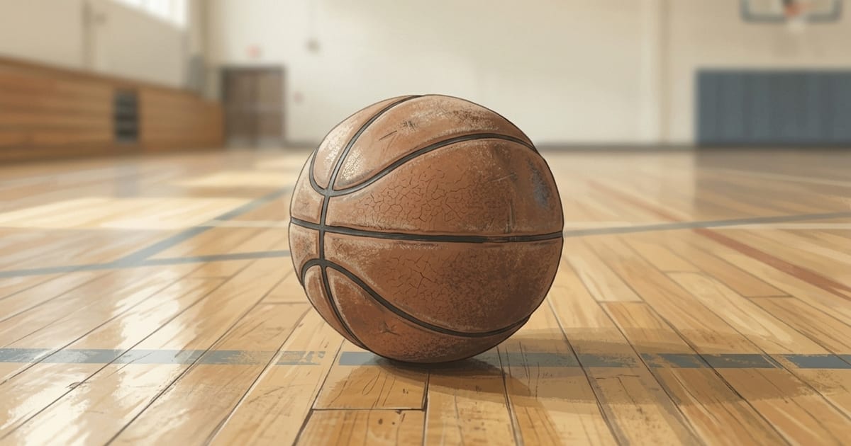 A well-worn leather basketball with scuff marks resting on a gymnasium floor in warm amber and charcoal tones.
