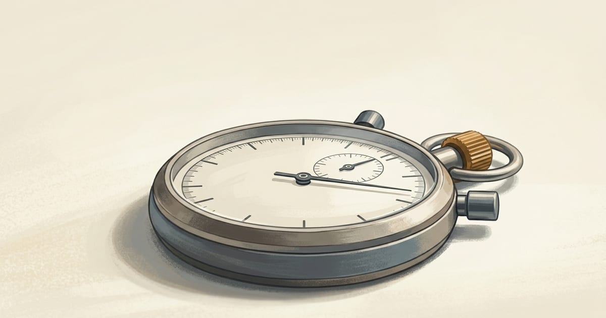 A mechanical stopwatch lying flat on a pale surface with clean markings and a dusty amber crown.
