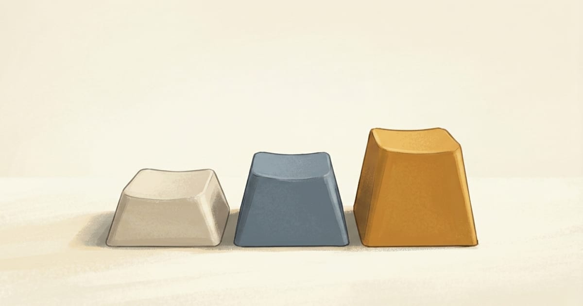 Three mechanical keycaps in ascending height from left to right in ivory, dusty slate-blue, and warm amber on a pale surface.