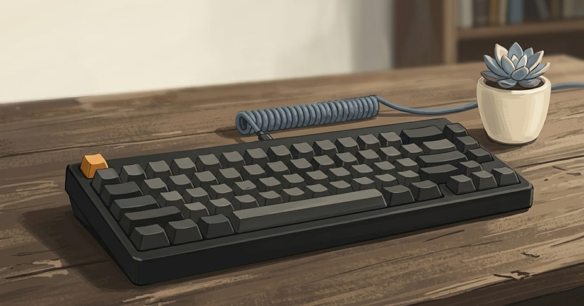 A matte black mechanical keyboard with dark keycaps and a coiled cable on a worn wooden desk next to a small succulent.